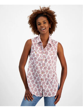 Nautica Jeans Size Small Sleeveless Button Down Paisley Shirt White & Pink NWT
